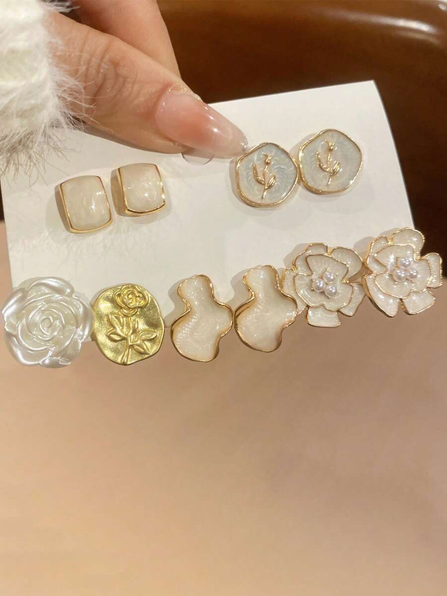 5對裝復古簡約獨特花朵造型仿珍珠耳環,適合日常與節慶穿戴 - 彩色 - 查看 1