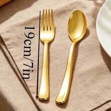 100/50/25pcs Gold Cake/Salad Spoon/Fork Set, Reusable And Washable, Suitable For Parties, Outdoor Activities, Family Gatherings, Weddings, Holidays And Other Occasions, Cake And Salad Utensil Set - Gold - View 2