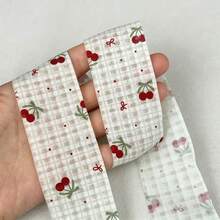 2 Yards Cherry Bow Print Light And Dark Plaid Mesh Ribbon, Floral Bouquet Decoration Satin Ribbon, Suitable For Handmade Bouquets, Gift Wrapping, Gift Ribbon, Floral Ribbon, Wedding Gifts, Crafts, Bows - 1PC Green - View 3