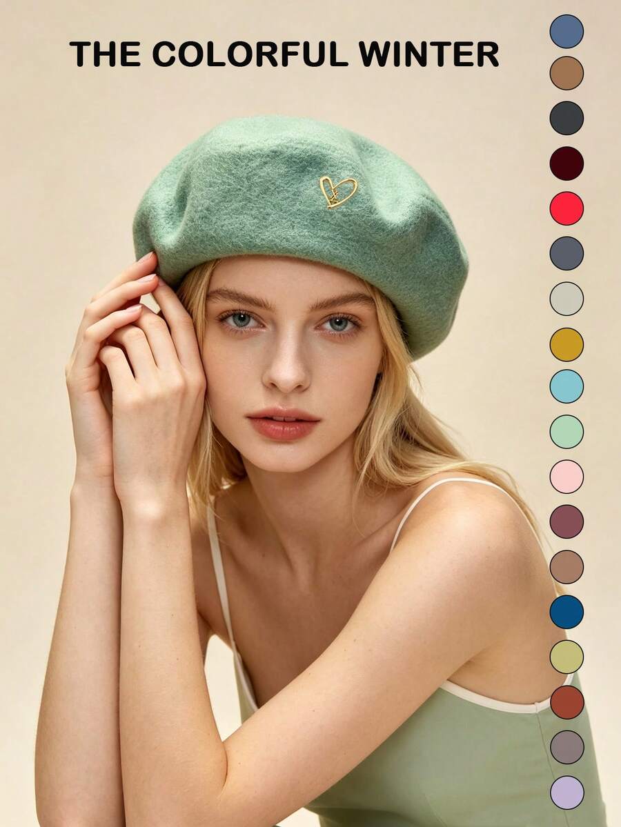 1pc/2pcs Women's Solid Color Wool Warm Beret, French Style Classic Rimless Beret, Suitable For Casual And Party Wear, Metal Heart Decoration, Candy Color Dopamine Style Autumn/Winter Hat