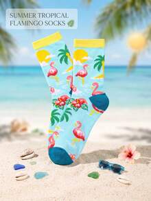 1/3/5 Pairs Tropical Flamingo Socks, Flamingo Hibiscus Palm Tree Pattern Mid-Calf Socks, Summer Island Beach Vacation Essential! Unisex Socks, Personalized Versatile Socks - Multicolor - View 2