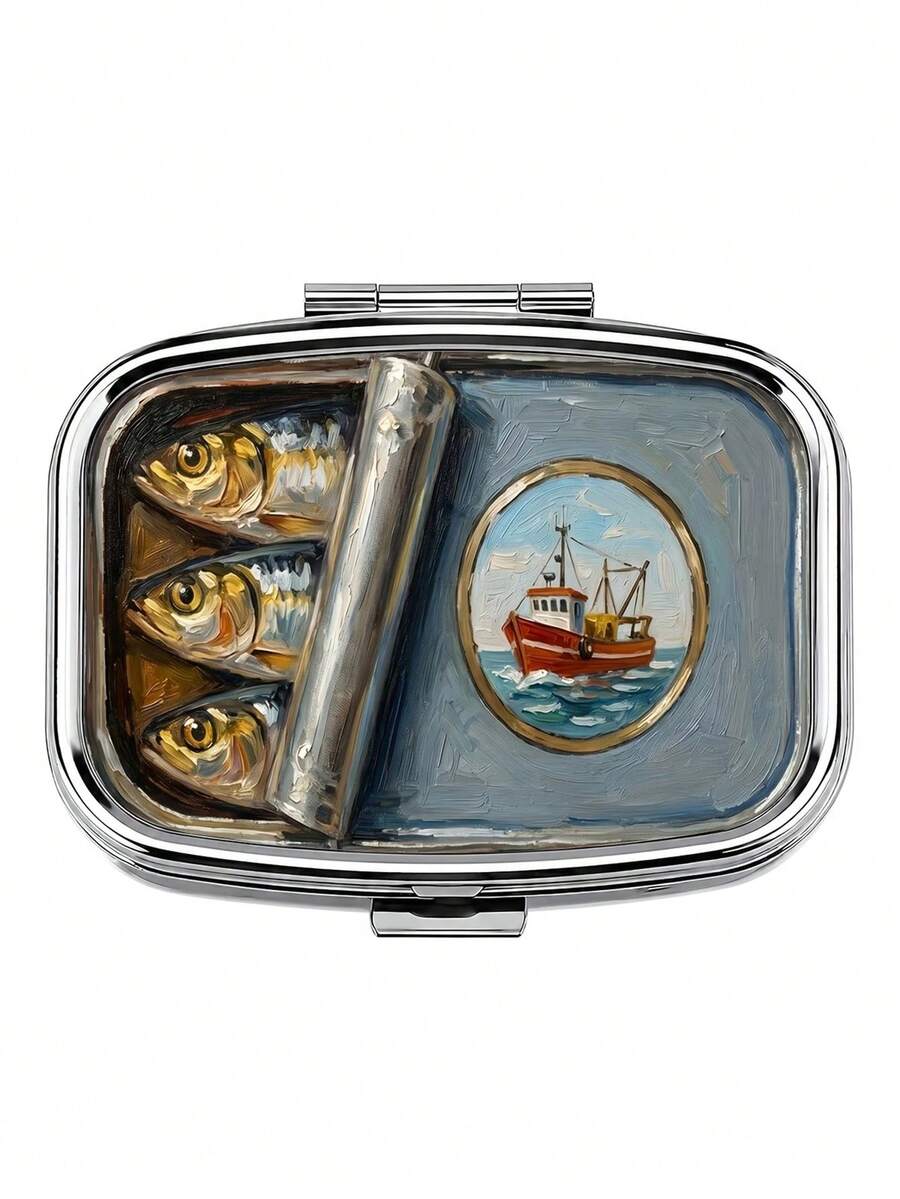 1pc Classic Open Sea Fish Pattern Fishing Boat Square Pill Box, Traditional Nautical Realistic Style, 2-Compartment Portable Storage Box For Bag Accessories And Supplements, Outdoor Portable Pill Box