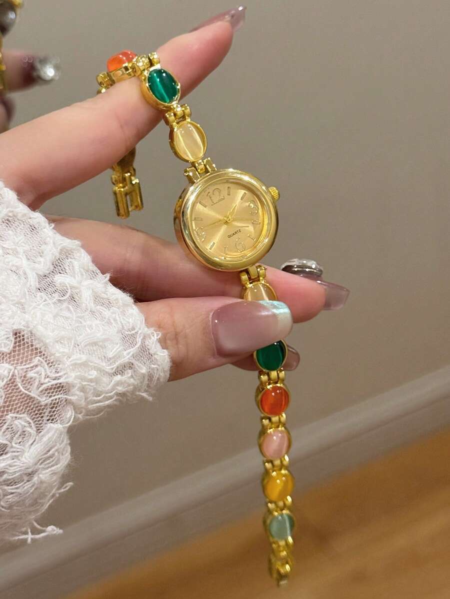 1件女款彩色石英手錶，圓形錶盤配混合數字，適合日常佩戴，亦可作為畢業禮物 - 金色 - 查看 1