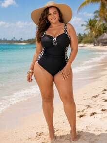 Women's Leopard Print Colorblock One-Piece Swimsuit, Suitable For Beach Vacation, Pool Party, Beach Party - Black - View 2