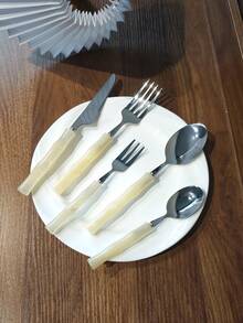 Stainless Steel Acrylic Bamboo Handle Western Style Knife Fork Spoon Dessert Spoon Fruit Fork - Green - View 12