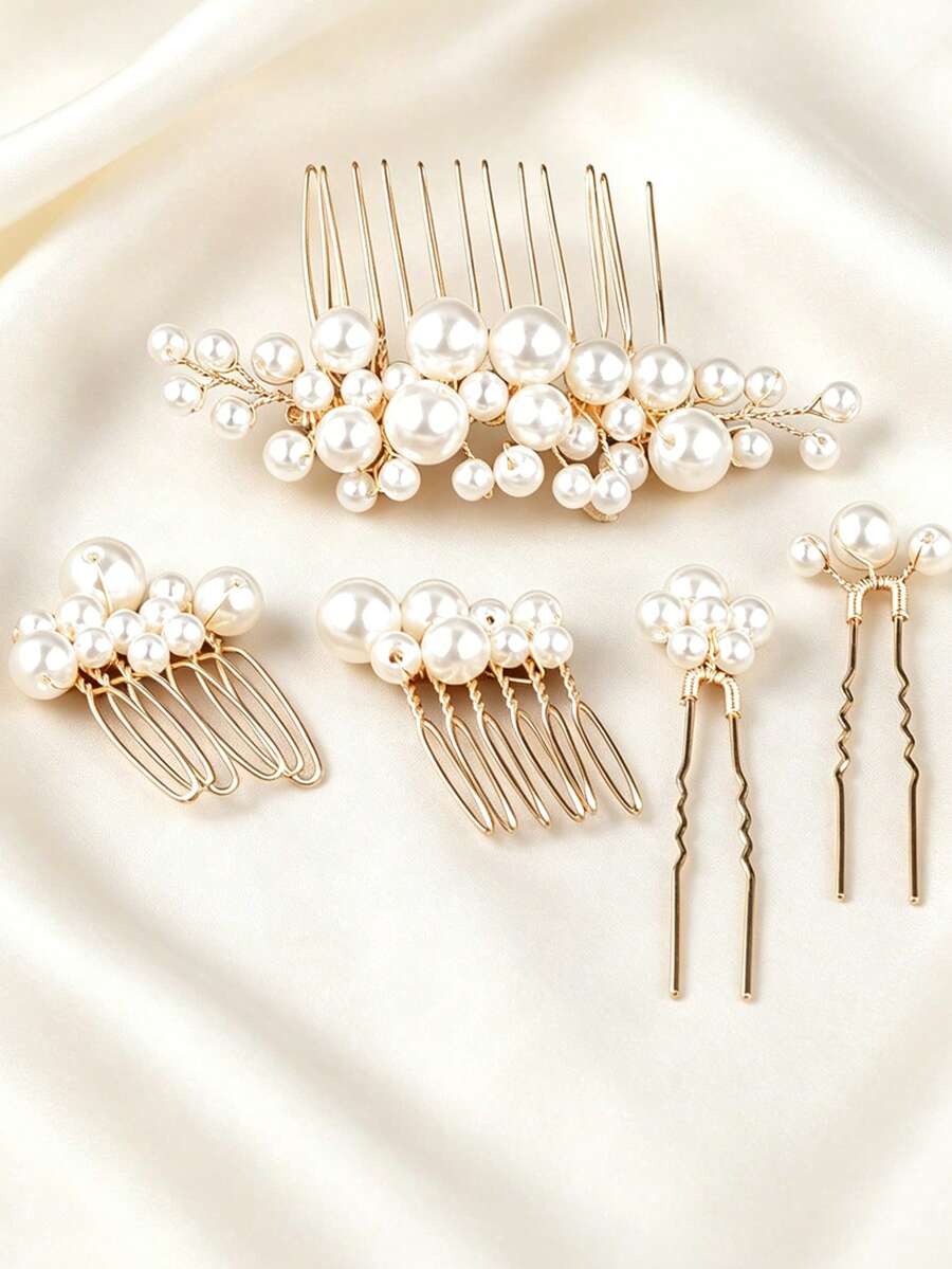 5pcs Elegant Handmade Faux Pearl U-Shaped Hair Combs And Hair Pins Headpiece, For Wedding And Bridal Decoration - Gold - View 1