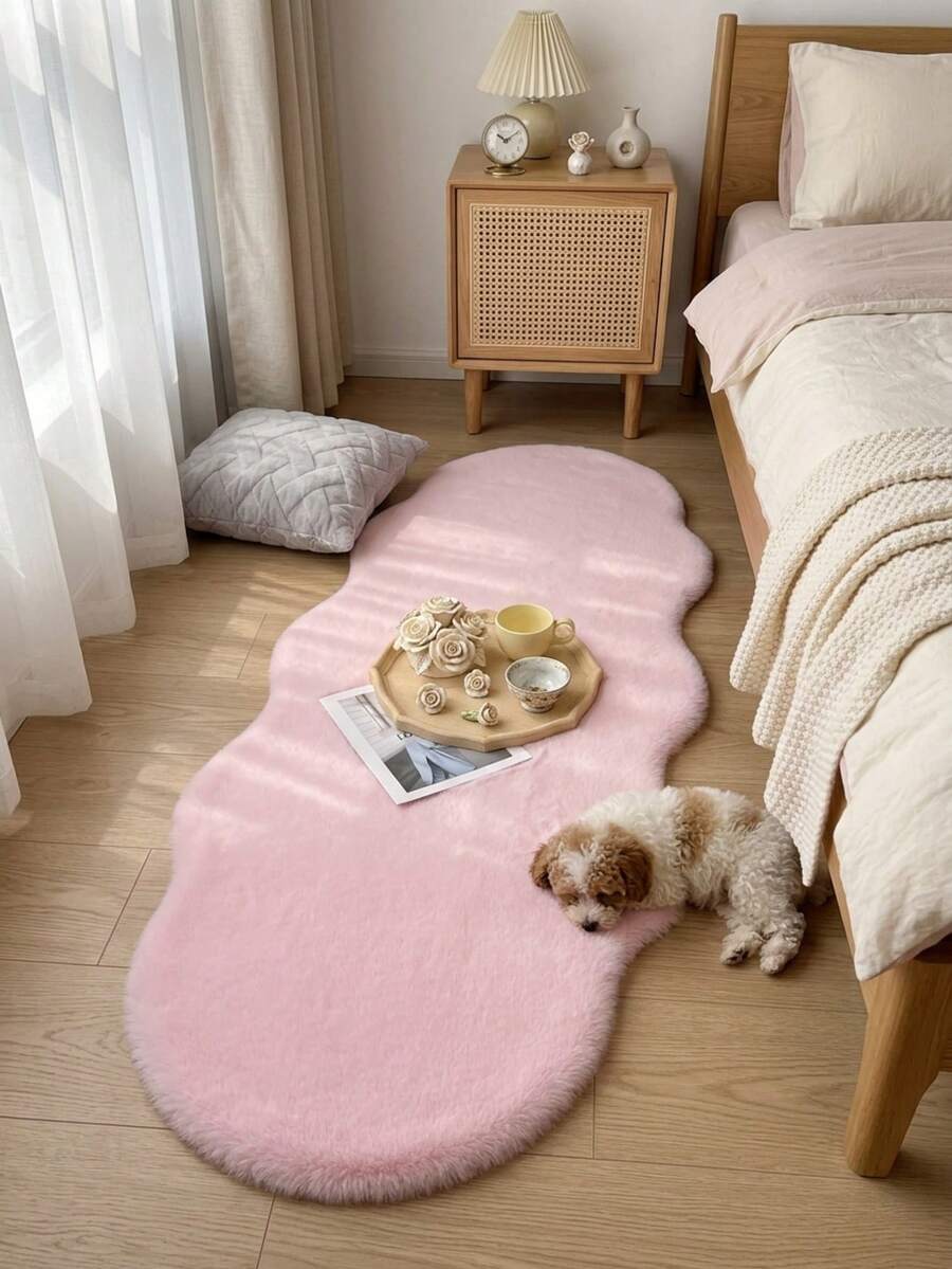 1pc Light Pink Double-Layer Faux Rabbit Fur Decorative Rug, Fluffy And Soft Touch, Smooth And Comfortable, Fashionable And Personalized Home Decor, Skin-Friendly Material, Non-Slip Bottom, Low Shedding, Easy Care And Machine Washable, Suitable For Bedroom, Living Room, Hallway, Study, Dressing Room, Closet, Bedroom Rug, Study Rug, Living Room Rug, Welcome Mat, Office Decorative Rug, Area Rug, Bedside Rug, Sofa Rug, Coffee Table Rug, Tea Table Mat, Floor Mat, Holiday Decorative Rug, Home Decor Essential, All Season - Baby Pink - View 1