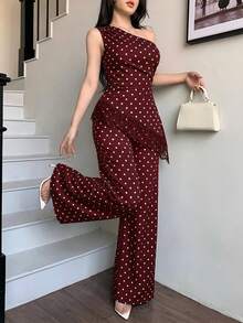 abyoxi 女款酒紅色波點單肩無袖上衣與寬腿長褲兩件套，性感優雅，適合辦公通勤、日常外出、正式晚餐、約會、派對、婚禮、情人節等場合，修身短上衣與長褲夏秋套裝 - 酒紅色 - 查看 5
