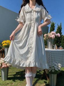 1pc Lolita Soft Girl Ruffled Collar Fairy Dress, Suitable For Holiday Parties, Performances, Cosplay Costume, Includes Dress Only - White - View 3