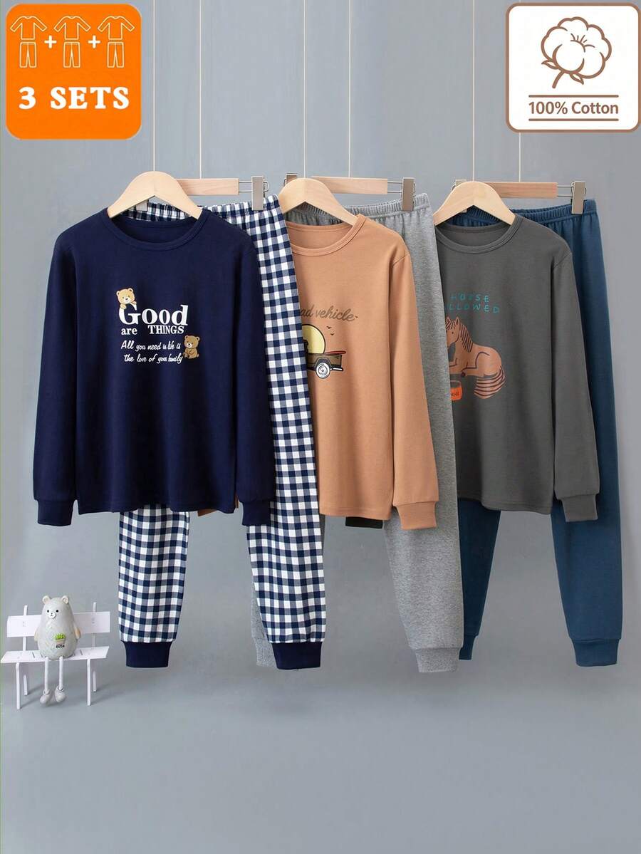 3套男童內衣套裝 格紋印花 中厚 春秋長袖長褲家居服套裝 - 彩色 - 查看 1