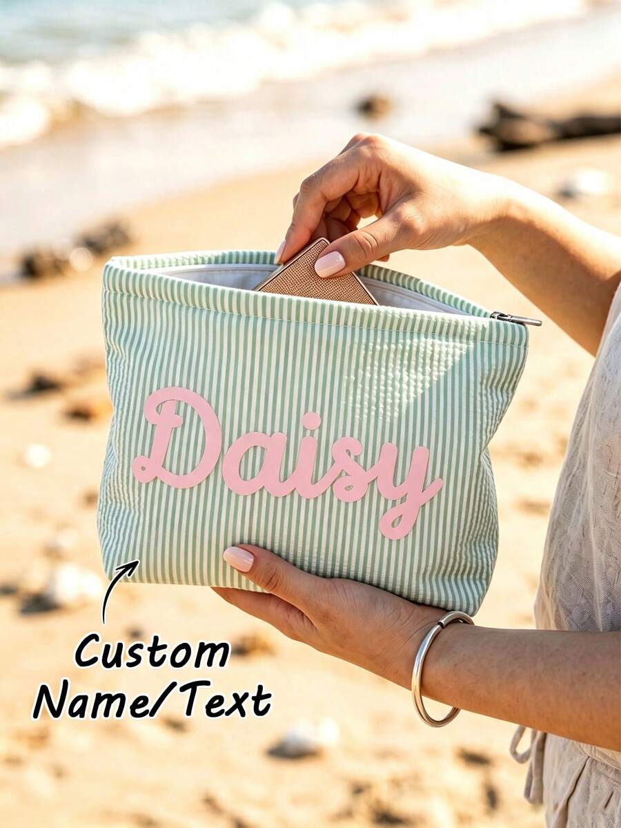 Custom Striped Makeup Bag - Personalized With Name Or Text - Multiple Colors - Minimalist Large Capacity Design - Daily Storage Bag & Document Bag - Multicolor - View 1