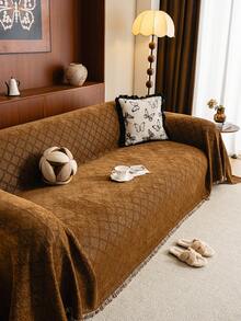 1pc Ultra Soft Chenille Solid Color Diamond Lattice Sofa Blanket - Suitable For All Seasons, Easy To Clean And Non-Shrink, Perfect Gift For Friends And Family, Full Coverage Sofa Cover With Tassel Details - Machine Washable, Cat Scratch Resistant, Fits 1-4 Seater Sofas, Sofa Throw - Coffee Brown - View 4