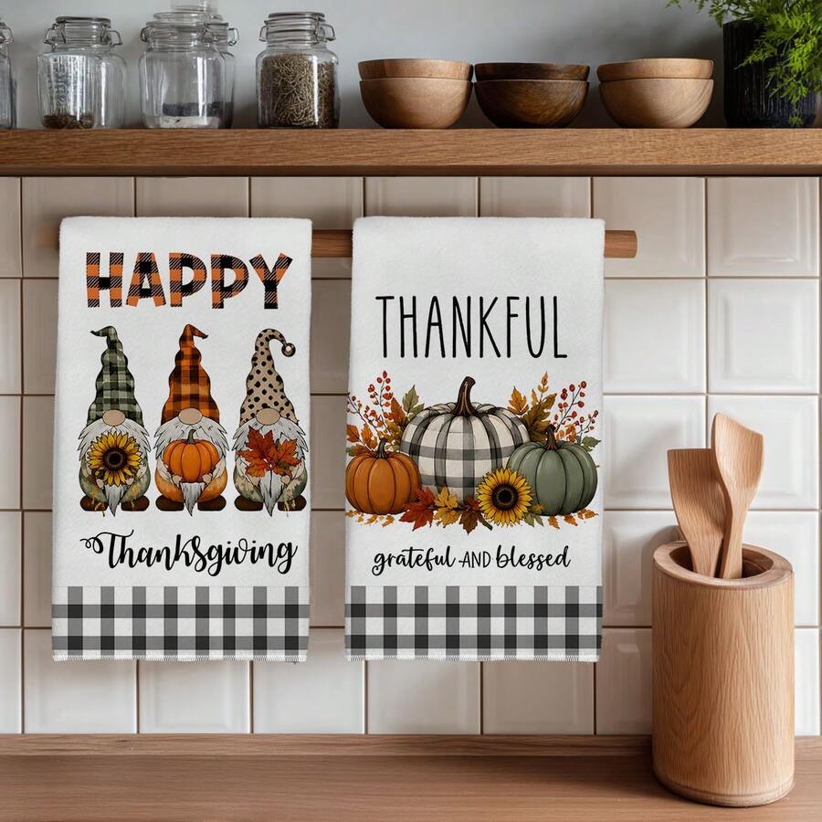 2PCS Kitchen Towels Black & White Plaid Maple Leaf Pumpkin & Gnome Pattern, Super Soft Microfiber Material Kitchen Towels Dish Cloths, Hand Towels, Tablecloths, Kitchen Decor, Kitchen Cleaning, Bathroom Cleaning, Holiday Party Decor, Kitchen & Bathroom Supplies Home Essentials, Home Decor, Housewarming Gift - Multicolor - View 1