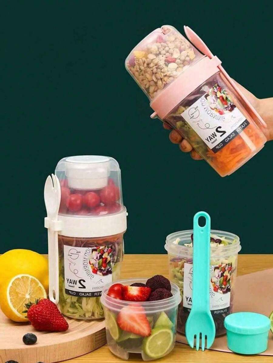 4个/1个沙拉杯（带叉）平底杯便当盒储物盒水果盒食物储物盒摇摇杯沙拉酱杯燕麦杯带勺、盖和低脂杯便携减肥杯水杯咖啡杯奶茶杯适用于零食、午餐沙拉、牛奶、果汁等储存，厨房用品，厨房用具，餐厅用品，厨房，圣诞礼物，学校用品