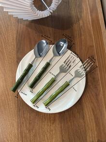 Stainless Steel Acrylic Bamboo Handle Western Style Knife Fork Spoon Dessert Spoon Fruit Fork - Green - View 15