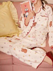 Gongdie 2pcs Miffy Women's Pajama Set, Spring/Autumn Cotton Cream White Textured Loungewear, Red Zigzag Trim With Star Print - Apricot - View 2