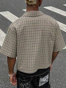 HOMIIE Men Retro Small Plaid Short Sleeve Cropped Boxy Shirt, Lapel Collar Button Down Loose Fit Casual Streetwear Top, Back To School Daily Outfit - Multicolor - View 2