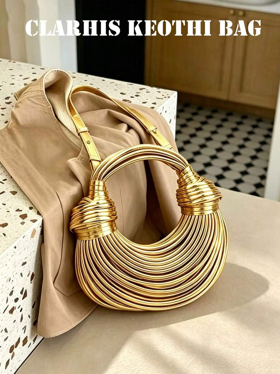 Ladies Luxury Shiny Gold Strap Design Crescent Handbag, Knotted Wrapped Handle Detachable Crossbody Strap For Formal Events Daily Styling - Gold - View 1