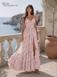 Pink Floral Chiffon V-Neck Backless Tiered A-Line Maxi Dress - 粉色 - 查看 12