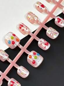 Kids Short Square Press On Nails, Summer Transparent Pink Fake Nail Tips With Cartoon Cat, Lemon Slice, Bow, Star & Fruit Print, DIY Manicure Kit For Little Girls, Party Holiday Daily Play Dress Up Nail Art Gift - Multicolor - View 6