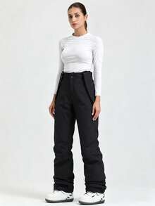 1pc Women's Loose Fit Winter Snowboard Pants, Sporty Style, With Detachable Suspenders, Suitable For Outdoor Activities, Double Skiing Gear, Warm Clothing, Reinforced Structure, Functional Snow Bib Pants, Snow Gear, Thickened, Slim Fit Ski Suit (Front Placket And Pockets Have Three Different Types Of Zippers, Randomly Shipped.) - 黑色 - 查看 8