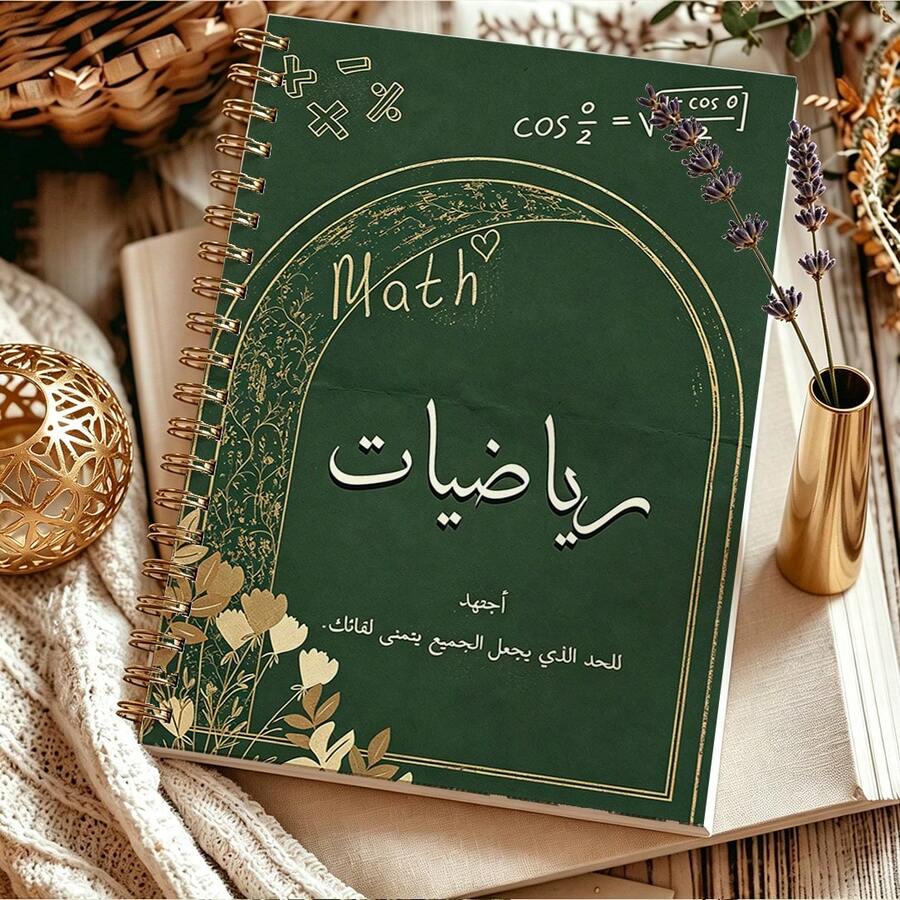 1pc A5 Spiral Bound Arabic Mathematics Notebook, Dark Green & Gold Floral Arch Math Formula Cover, Student Formula & Homework Practice Journal, School Supplies, Notebook, Mathematics Notebook, University Notebook, School Notebooks For Boys, Journal - Dark Green - View 1