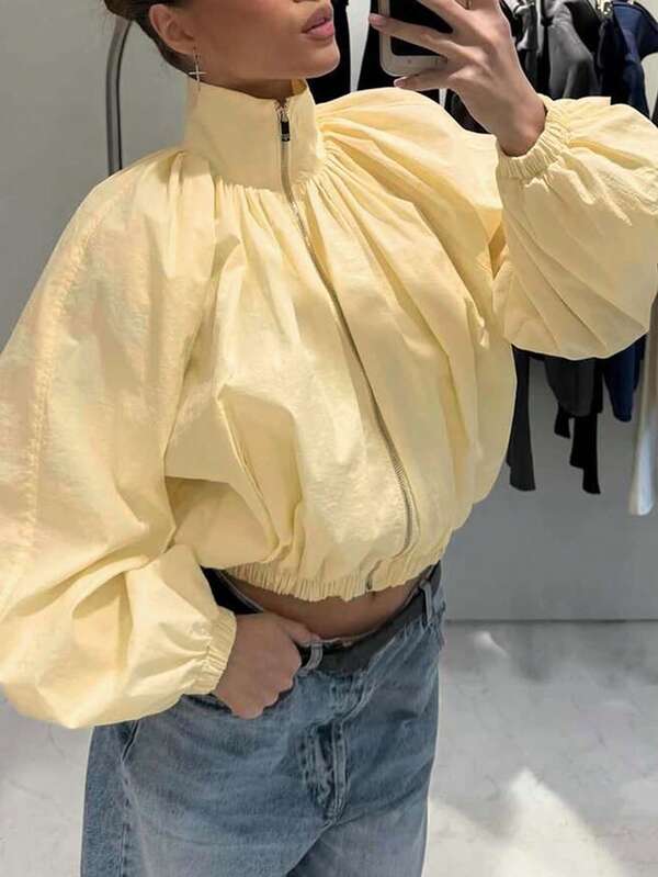 Women's Fashion Long Sleeve Regular Fit Woven Fabric Jacket, Soft Yellow, Perfect For Creating A Chic And Stylish Look