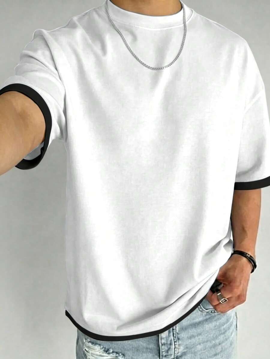男士夏季時尚百搭T恤，對比色2合1設計，標準圓領，透氣針織面料，適合日常穿著與街頭穿搭