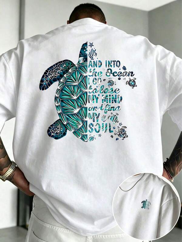 Men's Loose White Crew Neck T-Shirt, Back Large Turtle + Front Small Turtle & Letter Double-Sided Print Casual Short Sleeve Top