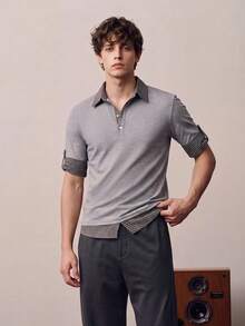 Men's Gray Contrast Trim Polo Shirt, 2 In 1 Short Sleeve Casual Knit Top - Grey - View 7