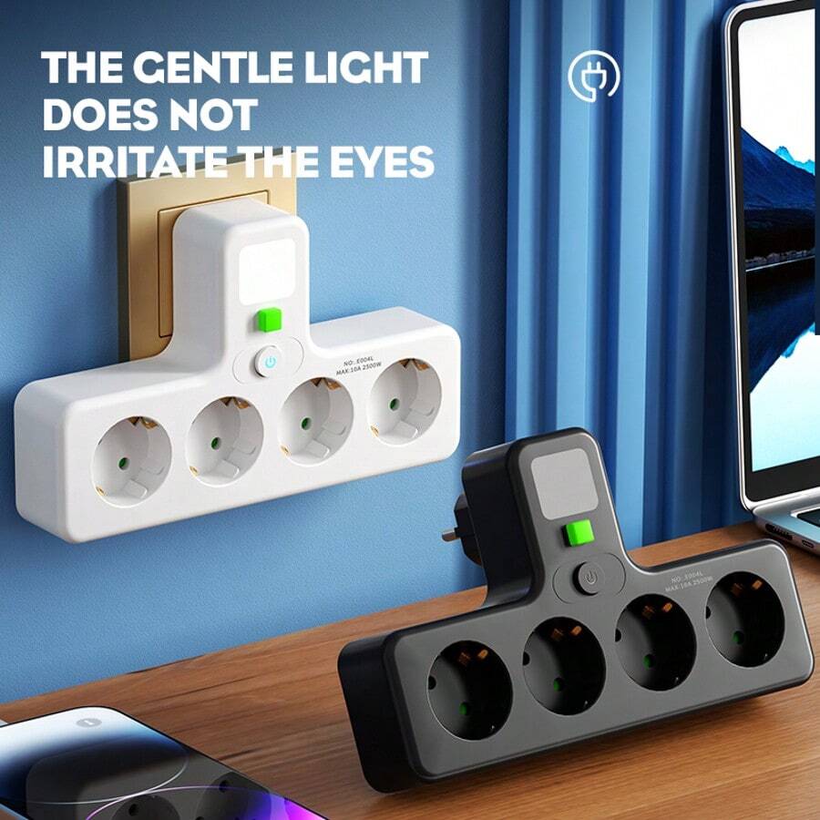 Convertidor de 1 a 4 con interruptor, luz nocturna multifuncional, regleta de enchufes de varios orificios, toma de corriente doméstica con enchufe EU, 4 tomas
