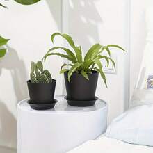 7-Pack White And Black Plastic Plant Pots, Multi-Size Flower Pots With Trays - A - View 10