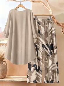 Plus Size Women Solid Color Round Neck Top And Pants Casual Daily Set - Apricot - View 2