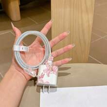 5入印花蝴蝶向日葵玫瑰圖案 TPU 充電線保護套 16/15/14 數據線保護套，相容 Apple 18/20W，可愛數據線保護套 - 粉色 - 查看 3