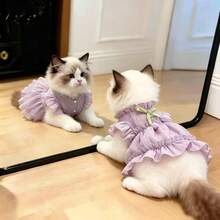 Light Purple Frill Trim Pet Harness Dress With Leash Buckle, Bow And Small Flower, Breathable Thin Outfit For Small Dogs, Bichon, Teddy - Purple - View 10