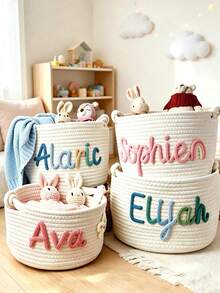 Personalized Storage Basket Customized Name Handmade Rope Woven Basket Baby Room Toy Organizer Foldable Large Capacity Pink Nursery Room Decor - Multicolor - View 2