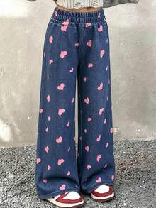 Fashion Sweet Casual Heart Print Versatile Loose Wide Leg Pants, Girls' Autumn/Winter Bottoms - Multicolor - View 1