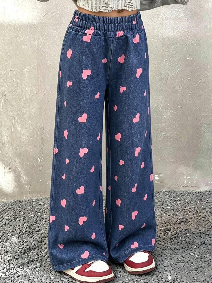 Fashion Sweet Casual Heart Print Versatile Loose Wide Leg Pants, Girls' Autumn/Winter Bottoms - Multicolor - View 1