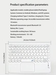 AKKHOO Keyboard Nirkabel Magnetik, Keyboard Nirkabel Portabel dengan Kontrol Sentuh, Cocok untuk Tablet, Ponsel Pintar, Keyboard Kantor Nirkabel - Putih - View 10