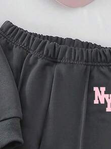 Young Girl Letter Print Round Neck Long Sleeve Top And Pants Set - Dark Grey - View 6
