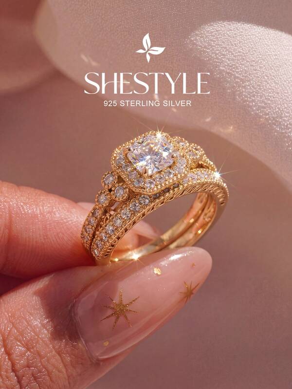 2 piezas Anillos de lujo ligeros con incrustaciones de gemas preciosas, joyería para mujer, anillos de promesa de plata de ley 925 brillante, joyería exquisita, adecuada para bodas, galas y otras ocasiones