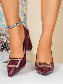 Commuter Versatile Square Buckle Pointed Toe Plus Size Work Pumps For Women, Spring/Autumn New Thick High Heel Low Vamp Professional Shoes - Burgundy - View 3