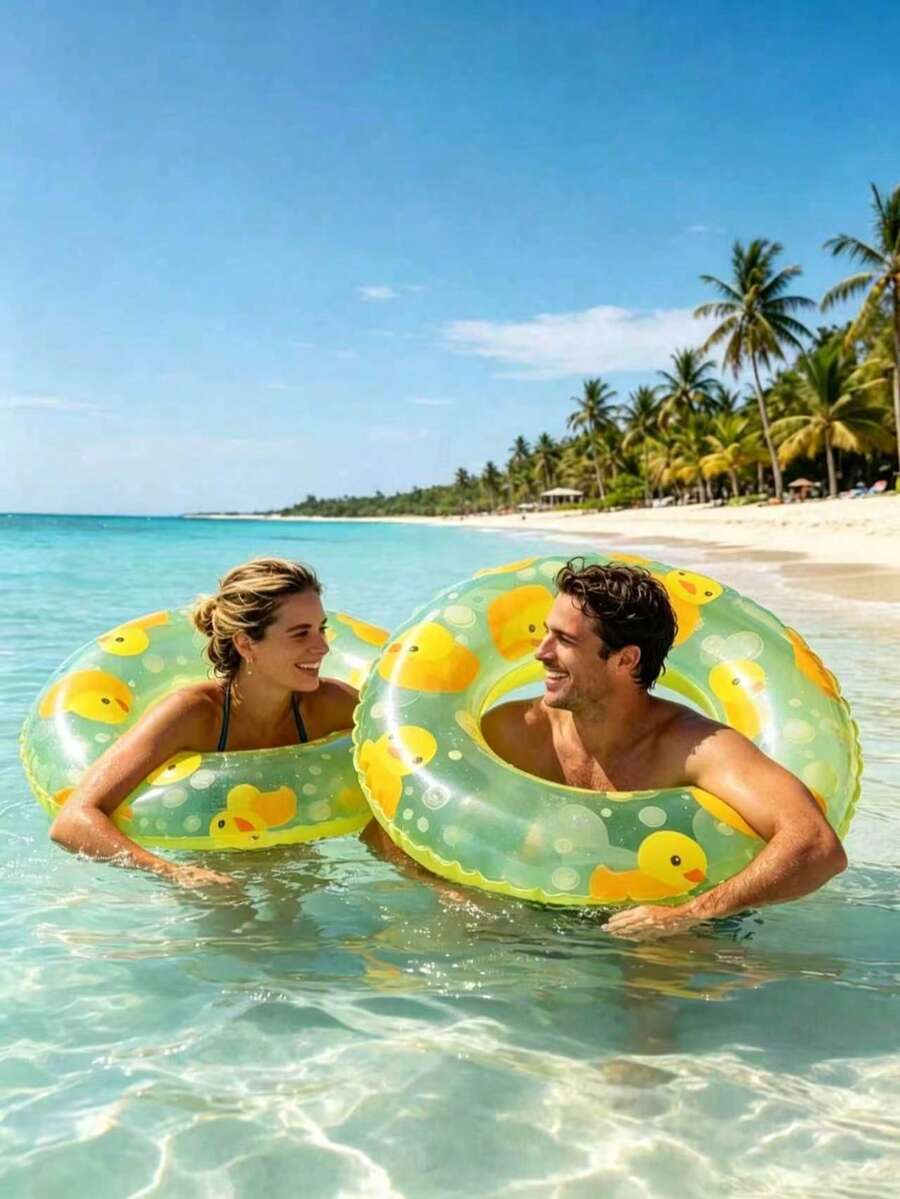1pc Ranslucent Yellow Duck Swim Ring, Cute Leak-Proof Thickened Inflatable Lifebuoy Waist Float - Little Yellow Duck Swim Ring - View 1