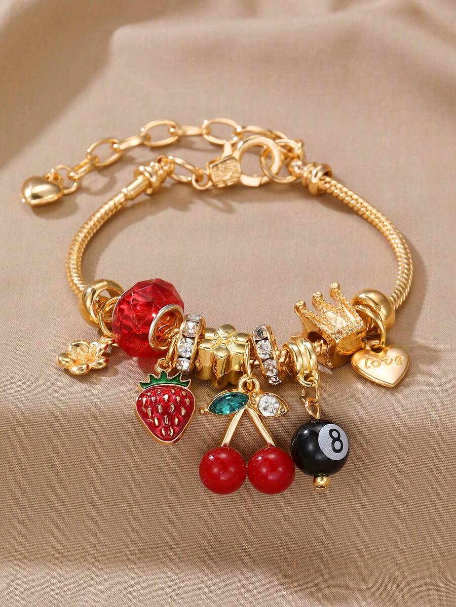 1 pieza Pulsera de niña con corazón dorado y cuentas de strass para decoración diaria - Multicolor - Ver 1