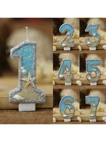 1 pièce Bougie pailletée chiffre 0-9, Bougie de décoration de gâteau d'anniversaire étoile de mer de plage d'été, Décoration de gâteau de fête thème océan - Multicolore - Voir 1