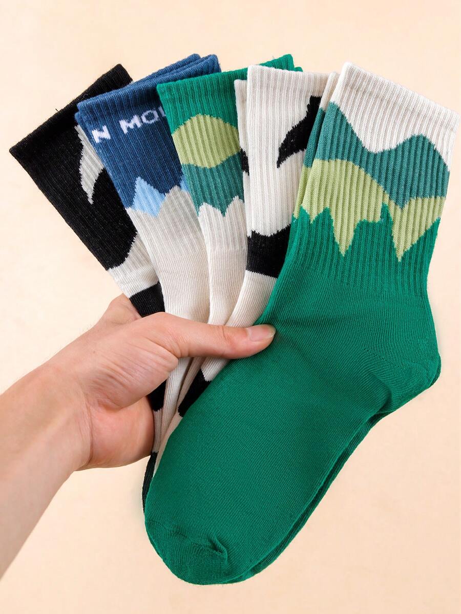 1/5/10 Pairs Gradient Color Block Mountain Wave Zebra Stripe Mid-Calf Socks, Unisex Outdoor Breathable High Elastic Workwear Hiking Chunky Sneakers Slouch Socks - Multicolor - View 1