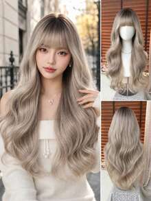[TOPSHE LUMA] Wig Panjang 26 Inci dengan Gelombang Longgar Berlapis dan Poni, Serat Sintetis Tahan Panas, Ombre Pirang Abu-abu dengan Akar, Gaya Ulzzang Korea, Gelombang Lembut dan Mengalir, Penutup Kepala Penuh untuk Pakaian Sehari-hari & Kencan - MultiWarna - View 12