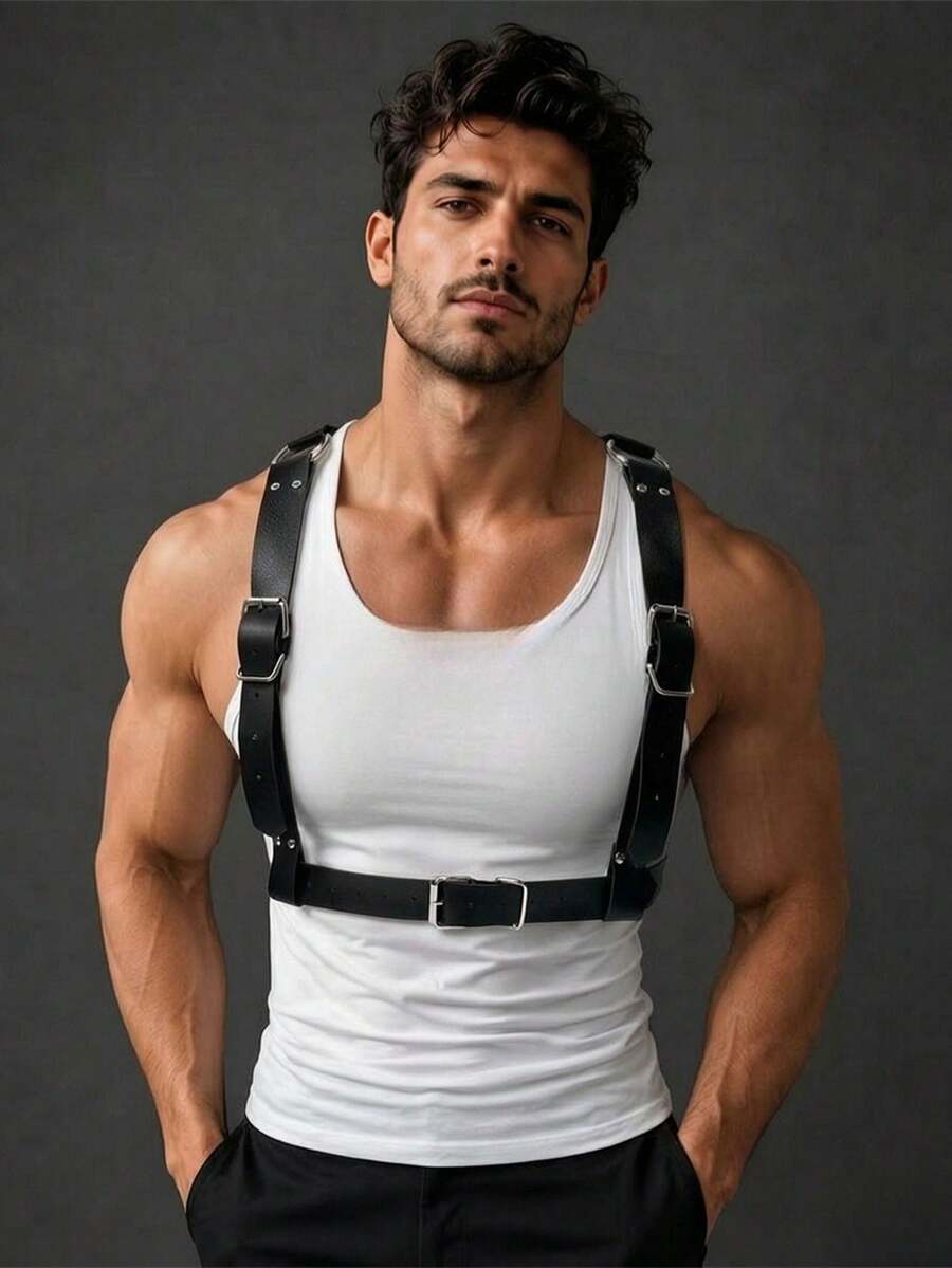 1pc Unisex Wide PU Leather Chest Harness, Adjustable Fashion Waist Belt, Suitable For Daily Home And Outdoor Wear - Black - View 1