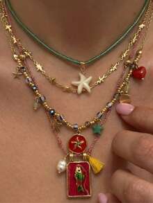 4 Colored String Bead Bead Rice Bead Starfish Small Fish Necklace Dopamine High-End Multi-Layer Necklace - Multicolor - View 3