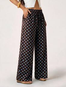 2026 New Vintage Relaxed Polka Dot Colorblock Wide Leg Pants Women Loose Comfortable Lightweight Casual Pants - Brown - View 5